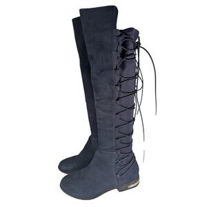 JUST FABULOUS! NAVY BLUE VEGAN SUEDE LEATHER, LACED BACK OVER STRETCH BOOTS! 7M